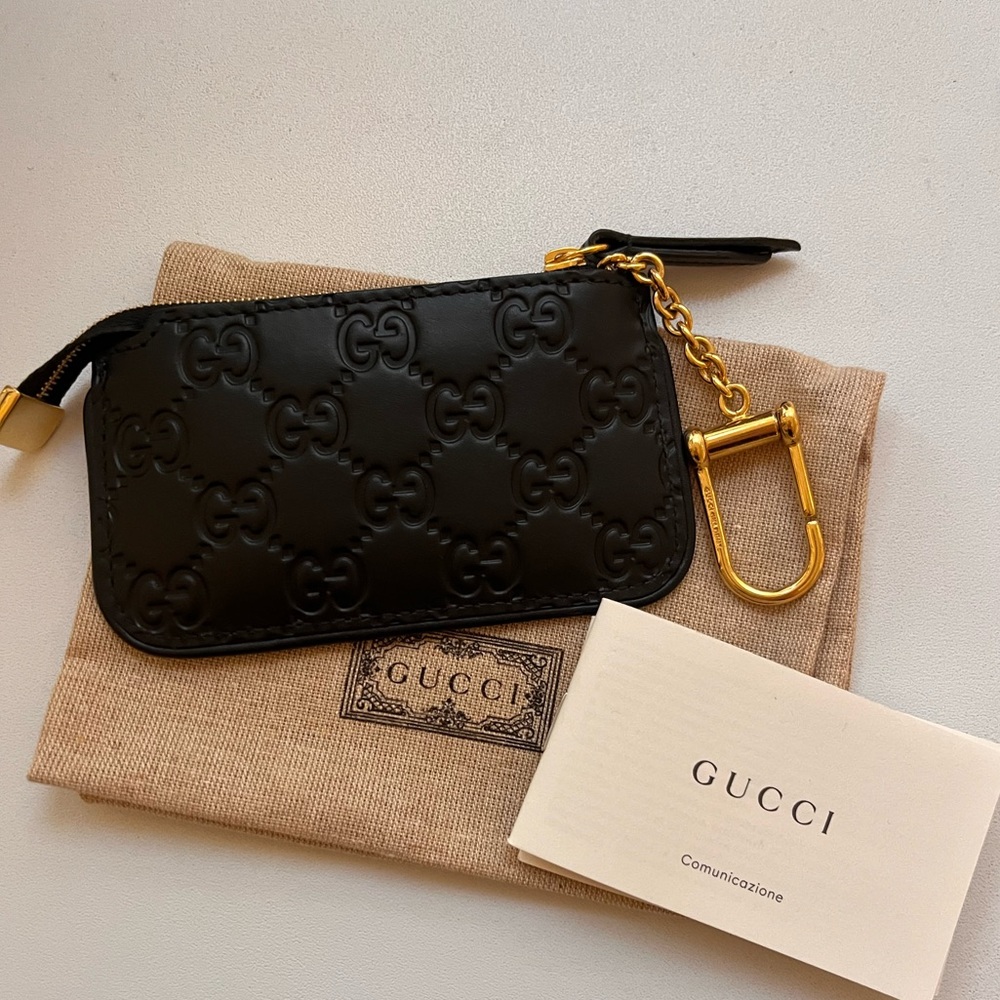 Gucci Black Guccisima Leather Card Holder/Coin Purse w/ Keychain